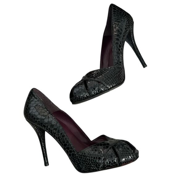 Stuart Weitzman Shoes 8.5 Black Reptile Snake Pumps Heels Peep Toe 8 1/2 - Picture 1 of 5
